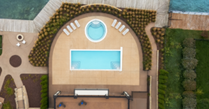 Downward view of the pool and hot tub